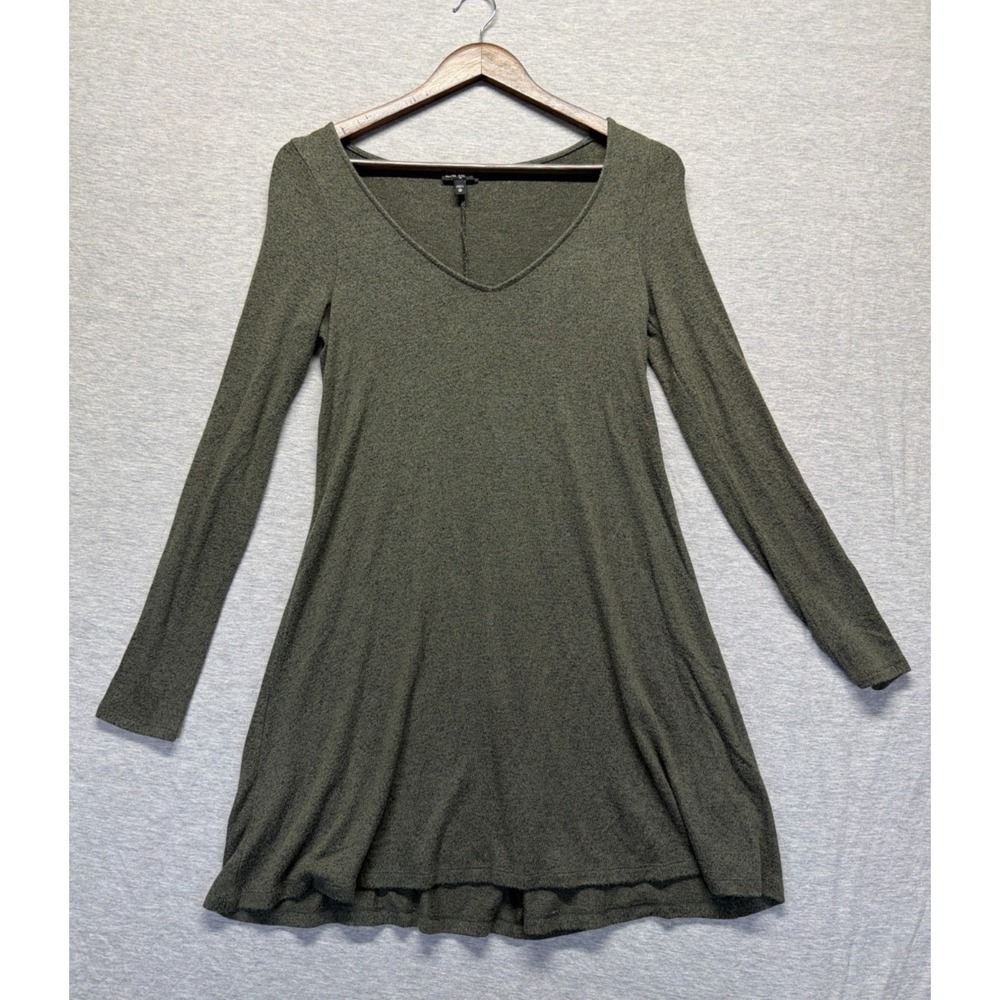 Express A-Line Dress Womens XS Heather Olive Green Rayon Knit Long Sleeve V Neck